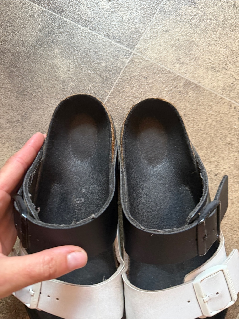 Birkenstock Black and White Two-Strap Slide Sandals - Picture 10 of 11